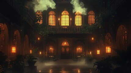 A dimly lit courtyard with arched windows, plants, and atmospheric lighting.
