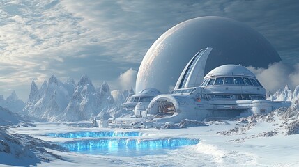 A futuristic alien research base on a frozen planet with glowing blue ice formations