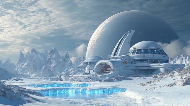 A futuristic alien research base on a frozen planet with glowing blue ice formations