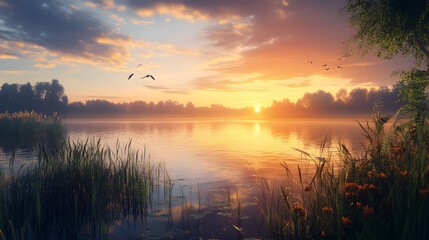 Obraz premium Serene sunset over a tranquil lake with lush vegetation.