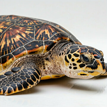 closeup of a hawksbill sea turtle with beautiful shell patterns on white background