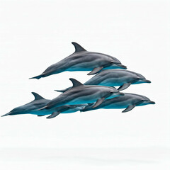 Obraz premium five playful dolphins leap through the blue water against a white background