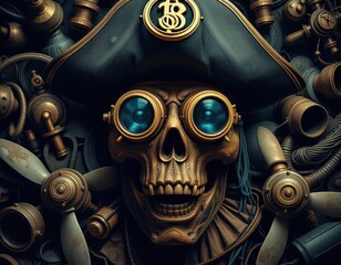 Pirate skeleton with goggles surrounded by steampunk gadgets and tools in a dark setting