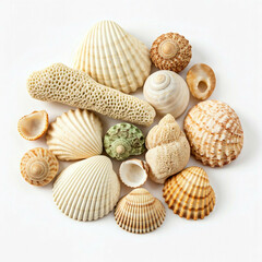 a group of white and brown seashells on a white background