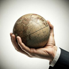 vintage globe held in hand of businessman wearing suit