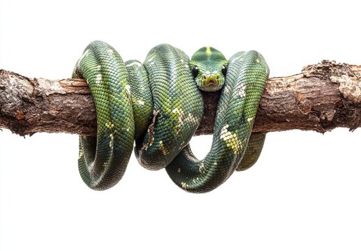 Green tree python resting on a branch, showcasing vibrant scales and natural habitat environment, emphasizing beauty and uniqueness of reptilian wildlife