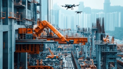 Robotic arm and drones on a construction site.