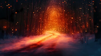 Soft blurred bokeh lights twinkling gently above a quiet forest road covered in snow evoking a tranquil seasonal holiday ambiance