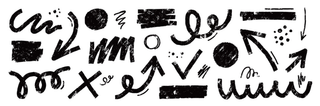 Brush line shape background abstract texture paint set. Hand drawn sketch doodle scribble brush geometric shape crayon effect background. Abstract arrow, circle, zigzag vector illustration.