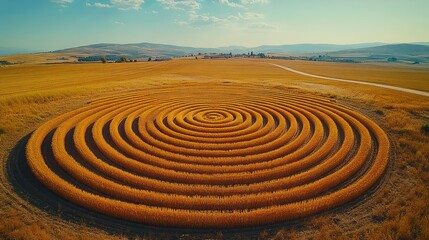 Aerial View of a Spiral Crop Circle in a Golden Wheat Field