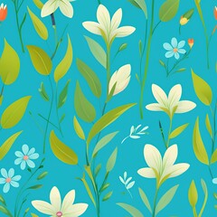 Seamless spring floral patterns with flowers set. White flowers on blue background print ornament design. Flowers, leaves decorative retro wallpaper background flat style illustration collection