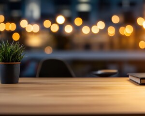 blurry background office workspace lighting concept. Cozy workspace with a plant and blurred city lights in the background.