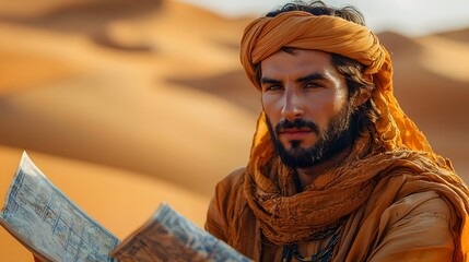 Desert Traveler in Traditional Attire Holding Map Reflecting Resilience and Culture