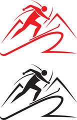 Minimalist ski icon, red and black versions, simple line drawing, stick figure skier, downhill slope, dynamic pose, winter sports symbol, graphic design element, clean lines, stylized representation, 
