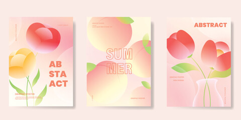 Abstract colorful gradient fruit and flower card background set. Minimalist poster with tulip flower, peach. Modern summer and spring wallpaper design for home decoration, website, banner, ads.