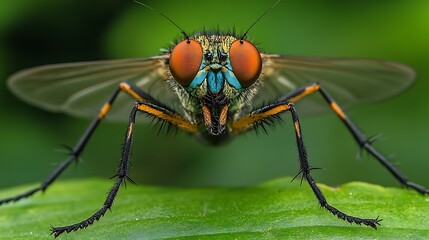 Naklejka premium Colorful fly macro, green leaf background, nature detail, wildlife photography, science education.