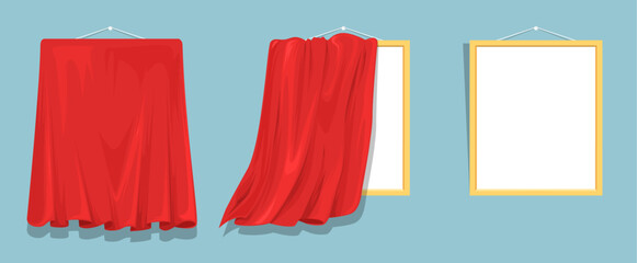 Naklejka premium Blank picture canvas covered with red satin silk curtains and without drapes vector illustration. Concept of presentation and exhibition
