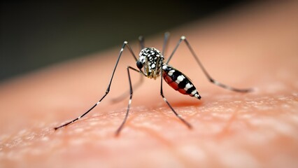 Mosquito on human skin - Dengue, Chikungunya, Mayaro, Yellow fever, Zica virus aedes aegypti