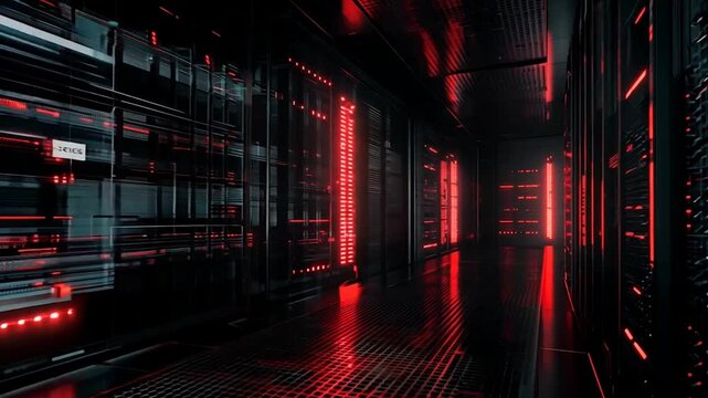 A high-tech data center featuring rows of server racks illuminated by intense red LED lights. The futuristic ambiance highlights the critical infrastructure of modern computing and network systems