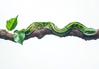 Lush Green Snake Coiled Gracefully on Branch with Leaves Against Light Background, Capturing the Beauty of Nature and Wildlife in a Serene Setting
