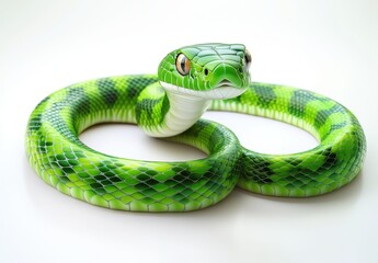 Fototapeta premium Lush Green Snake Curled on a White Background, Capturing the Intricate Scales and Striking Features of a Serpentine Creature in Nature