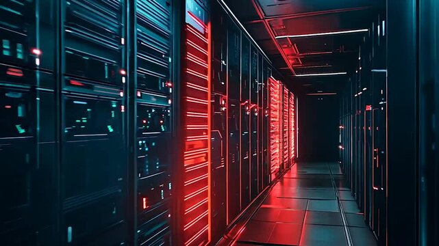 A high-tech data center featuring rows of server racks illuminated by intense red LED lights. The futuristic ambiance highlights the critical infrastructure of modern computing and network systems