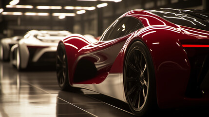 Obraz premium Modern cars elegantly arranged in an industrial showroom, showcasing sleek designs and advanced technology, embodying innovation and automotive excellence.