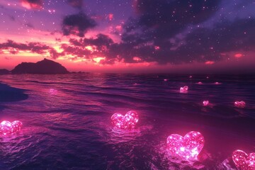 Glowing sunset hearts ocean.