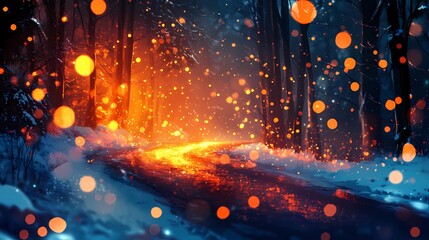 Obraz premium Soft blurred bokeh lights twinkling gently above a quiet forest road covered in snow evoking a tranquil seasonal holiday ambiance