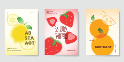 Abstract colorful gradient fruit card background set. Minimalist poster with lemon, watermelon, orange. Modern summer and spring wallpaper design for home decoration, banner, ads. © babeer