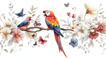 Fototapeta premium Vibrant parrots perched among delicate flowers and butterflies on a branch against a soft background, showcasing nature's beauty.