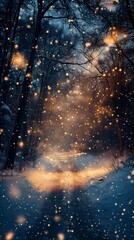 Soft blurred bokeh lights twinkling gently above a quiet forest road covered in snow evoking a tranquil seasonal holiday ambiance