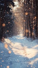 Soft blurred bokeh lights twinkling gently above a quiet forest road covered in snow evoking a tranquil seasonal holiday ambiance