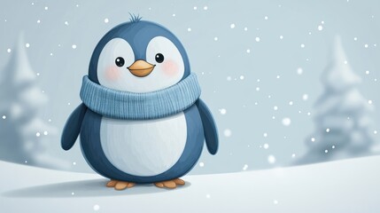 Cute penguin wearing scarf in snowy landscape.