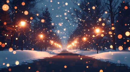 Obraz premium Soft blurred bokeh lights twinkling gently above a quiet forest road covered in snow evoking a tranquil seasonal holiday ambiance