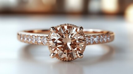 Fototapeta premium Close-up of a rose gold engagement ring with a large, brilliant-cut champagne diamond center stone and smaller diamonds encircling the band.