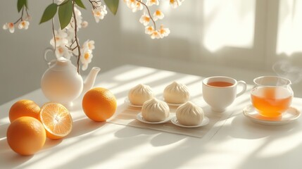 Sunny morning tea with buns and oranges.