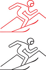 Minimalist ski icon, red and black versions, simple line drawing, stick figure skier, downhill slope, dynamic pose, winter sports symbol, graphic design element, clean lines, stylized representation, 