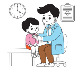 doctor and patient in hospital. Doctor Examining Child Patient Outline Coloring Page for Kids. Doctor examining a child patient with a stethoscope.