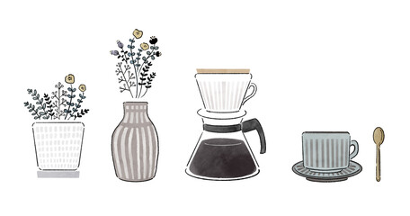 コーヒーカップとドリッパーと花瓶と植物のオシャレなリラックスアイテムのセットイラスト