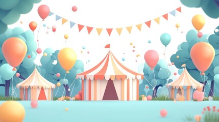Obraz premium Festive circus tents, balloons, and bunting in a park.