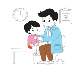 doctor and patient in hospital. Doctor Examining Child Patient Outline Coloring Page for Kids. Doctor examining a child patient with a stethoscope.