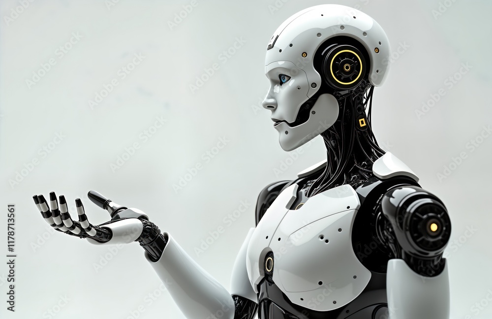Poster futuristic robot presents something. male cyborg figure stands with hand extended. advanced technolo