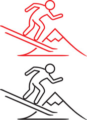 Minimalist ski icon, red and black versions, simple line drawing, stick figure skier, downhill slope, dynamic pose, winter sports symbol, graphic design element, clean lines, stylized representation, 