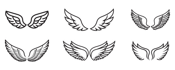 outline angel wing icon set vector art on white background 
