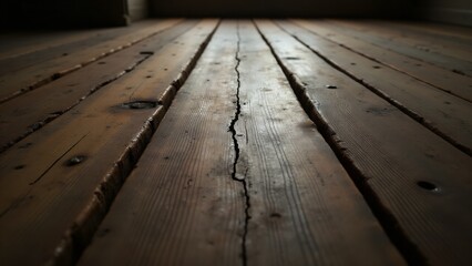 A wooden floor with cracks of varying sizes, showing aged wood and natural grain patterns. Soft light highlights the imperfections, giving the space a vintage, worn feel.