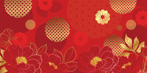 Chinese new year 2025 luxury pattern background vector. Oriental peony flower gold line art texture on red background. Design illustration for wallpaper, card, poster, packaging, advertising.