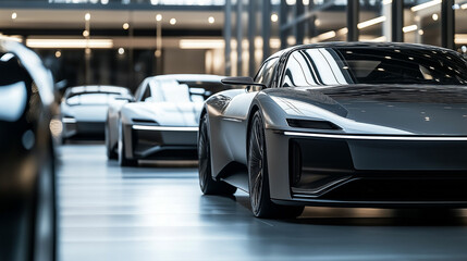 Modern cars elegantly arranged in an industrial showroom, showcasing sleek designs and advanced technology, embodying innovation and automotive excellence.