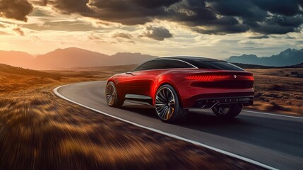 Red sports utility vehicle driving on a scenic mountain road during sunset.