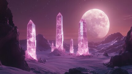 A barren alien desert with towering crystalline structures glowing in the moonlight